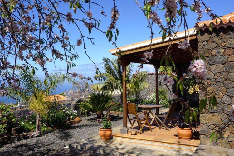 Ferienhaus La Palma Puntagorda P-209 Blick Terrasse mit Mandelbaum
