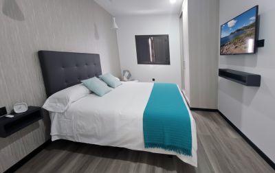 F-217 Ferienhaus Schlafzimmer mit Doppelbett und SAT/TV